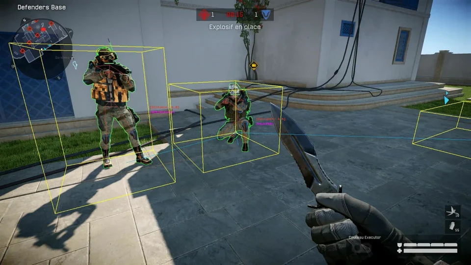 Rust aimbot and ESP overlay with target boxes and skeleton lines during outdoor PvP