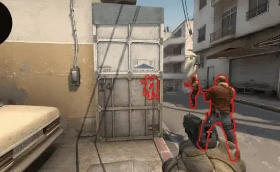 Rust ESP wallhack view showing highlighted enemy players through cover during a firefight