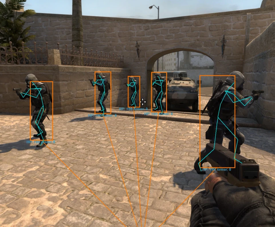 Rust player ESP with skeleton lines, health and armor tags, and snaplines on multiple targets