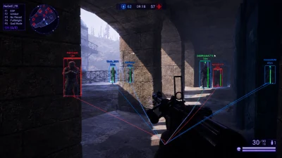 Tactical Rust ESP overlay in a snowy stone fortress with enemy player boxes through walls
